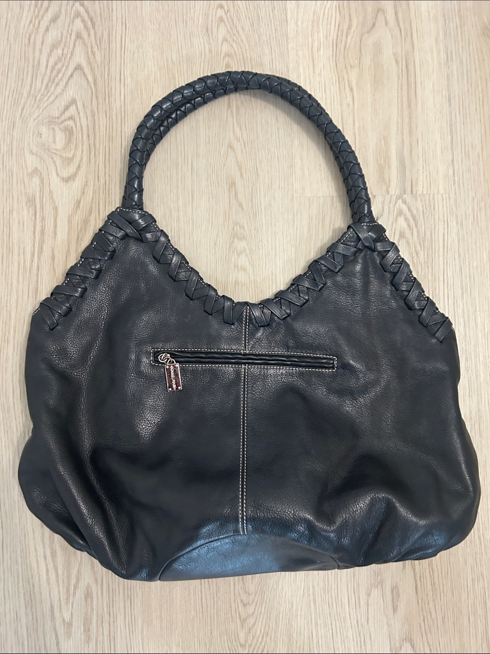 Donald J. Pliner Black Leather Braided-Handle Shoulder Hobo bag Purse